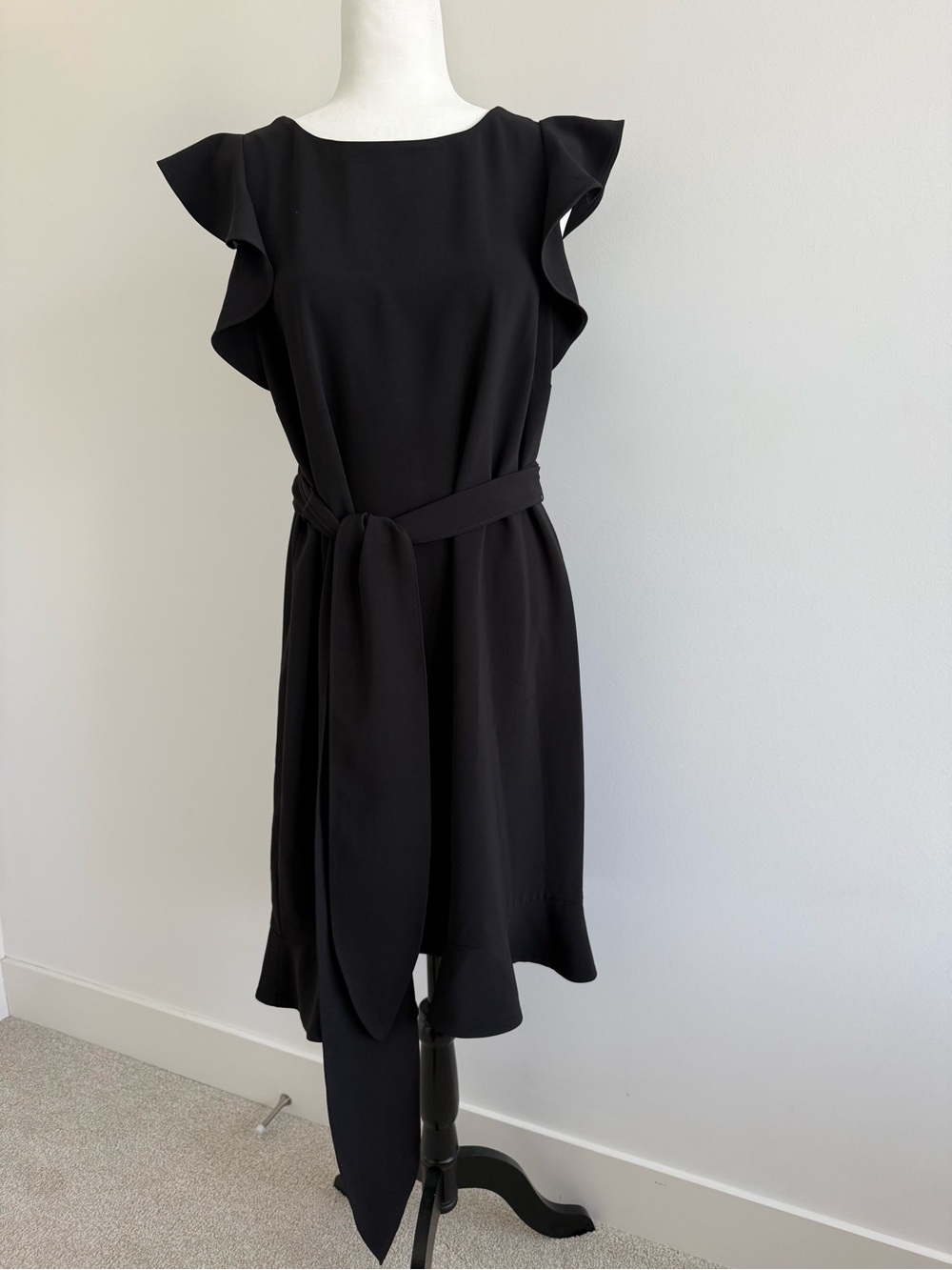 LOFT Black Ruffle Sleeve Tie-Waist Midi Dress